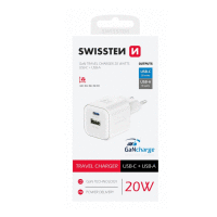 Sieťový adaptér GaN 1xUSB-C 20W PD + 1x USB-A 18W QC biely SWISSTEN