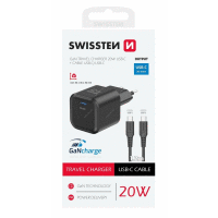 Sieťový adaptér GaN 1xUSB-C 20W PD + kábel USB-C/USB-C 1.2m čierny SWISSTEN