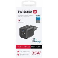 Sieťový adaptér GaN 1x USB-C 35W PD + 1x USB-A 27W QC čierny SWISSTEN