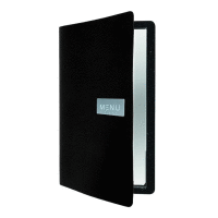 Detail - Jedálny lístok A4, koža, jemnejší povrch, kovový štítok, čierny SECURIT Jedálny lístok A4, koža, jemnejší povrch, kovový štítok, čierny SECURIT