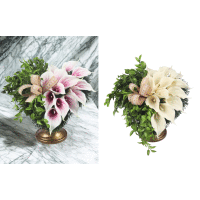 Detail - Aranžmán 335 v tvare srdca s kálami na nožičke Aranžmán 335 v tvare srdca s kálami na nožičke